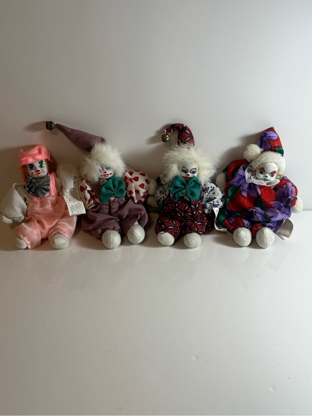 Mini Hand-painted Porcelain Clown Dolls Vintage Set Of Four 5.5”
